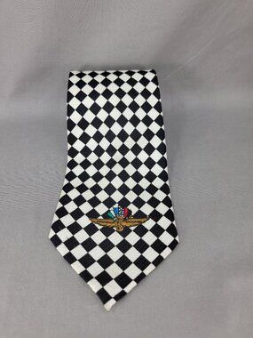 Indianapolis Speedway Necktie Mens Black White Check Silk Why Knot Tie Hand Made